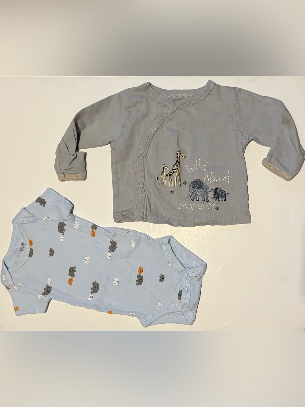 Gerber Organic & Just One You by carters Newborn onesie and jacket elephants
